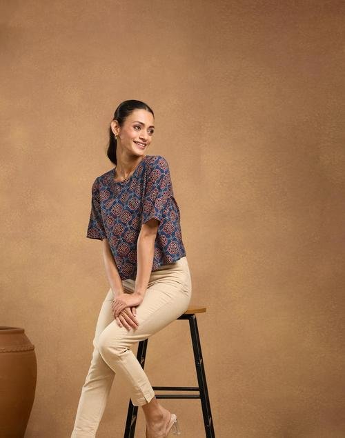 Blue Cotton Ajrakh Printed Short Top for Casual Elegance